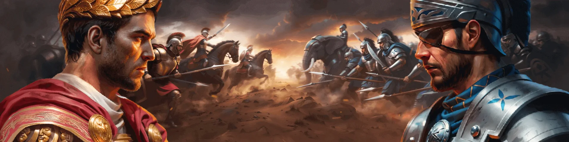 Cezar w wieńcu laurowym i legionista w hełmie przed bitwą na arenie