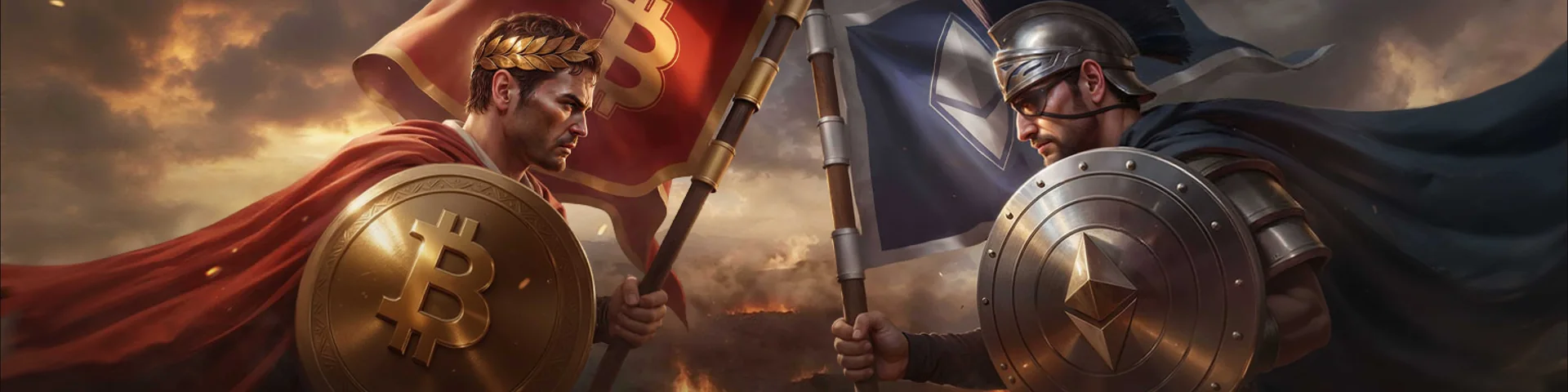 Dwie armie z tarczami Bitcoin i Ethereum naprzeciw siebie
