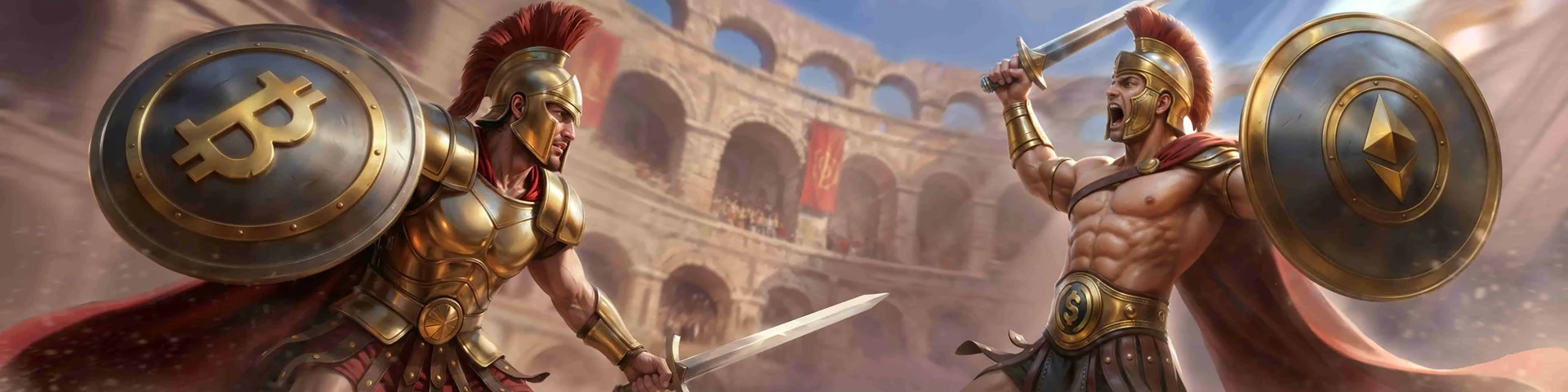 Dwaj gladiatorzy z tarczami Bitcoin i Ethereum na arenie